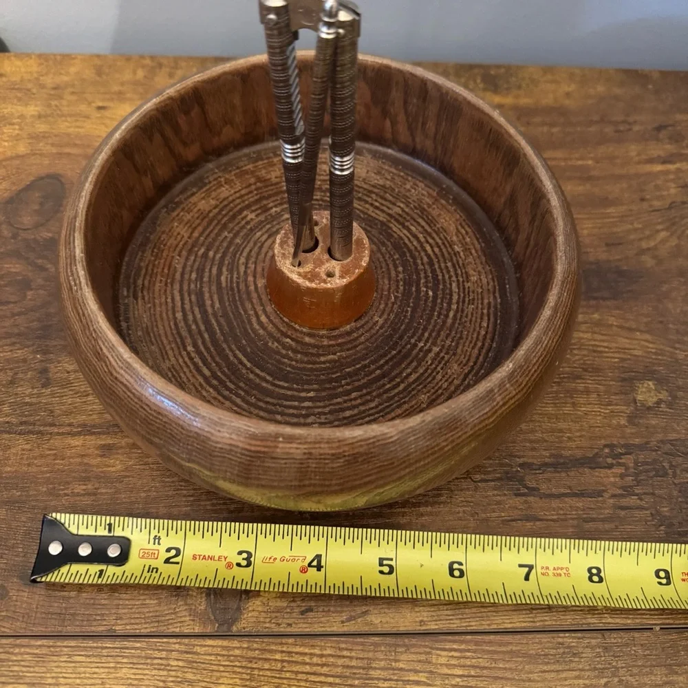 Vintage Wooden Nut Bowl With‎ Nutcracker And Pick Mid Century Barware Set